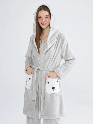 LC Waikiki Lcw Dream Gri Kapüşonlu Pelüş Kadın Sabahlık