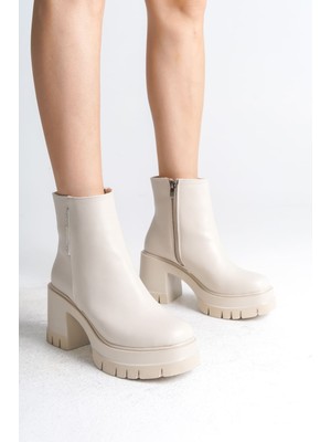 Khi-Zai Lısse Fermuarlı Ortopedik Taban Kalın Topuklu Kadın Bot Ckt - Krem