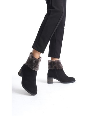 Khi-Zai Katya Fermuarlı Ortopedik Taban Topuklu Kürk Detaylı Süet Kadın Bot  Sst - Siyah