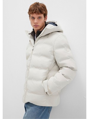 Mavi Su İtici Kapüşonlu Ekru Şişme Mont 0110313-70144