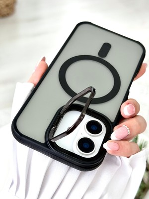 Go Aksesuar Iphone 16 Uyumlu Magsafe Özellikli Metal Kamera Çerçeveli Standlı Silikon Kılıf