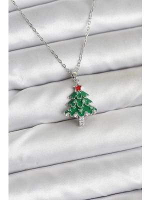 Shopwave 316L Çelik Zincir Gümüş Renk Çam Ağacı Model Yılbaşı Temalı Kadın Kolye