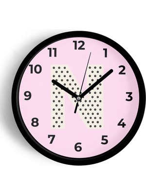 JHAAR N Harfi Kız Odası Duvar Saati - 30CM - Önü Camlı Siyah Kasa - Sessiz Mekanizma