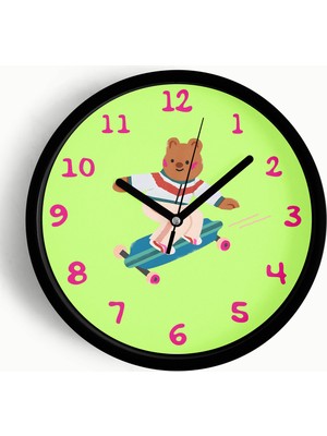 JHAAR Kaykay Yapan Ayı Çocuk Odası Duvar Saati - 30CM - Önü Camlı Siyah Kasa - Sessiz Mekanizma