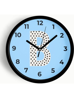 JHAAR B Harfi Erkek Odası Duvar Saati - 30CM - Önü Camlı Siyah Kasa - Sessiz Mekanizma