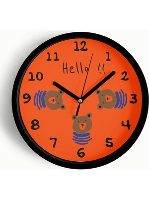 JHAAR Hello Diyen Ayı Çocuk Odası Duvar Saati - 30CM - Önü Camlı Siyah Kasa - Sessiz Mekanizma