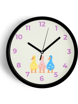 JHAAR Renkli Kaz / Ördek Çocuk Odası Duvar Saati - 30CM - Önü Camlı Siyah Kasa - Sessiz Mekanizma