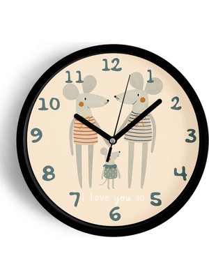 JHAAR Sevimli Fare Ailesi Çocuk Odası Duvar Saati - 30CM - Önü Camlı Siyah Kasa - Sessiz Mekanizma