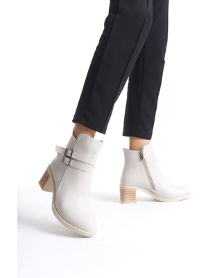 Khi-Zai Noemı Tokalı Fermuarlı Ortopedik Taban Topuklu Kadın Bot  Ckt - Krem