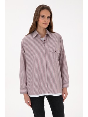 U.S. Polo Assn. Kadın Bordo Çizgili Uzun Kollu Gömlek 50316369-VR177