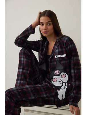 Penti Siyah Kuromi Baskılı Kareli Oversize Pamuklu Uzun Kollu Gömlek Pijama Takımı