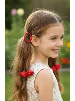 Bodrum Asel Kırmızı Köpük Güllü Marteniçka Ipli Çocuk Saç Lastiği 2'li Set - Bahar Tokası