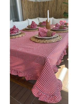 Decamor Home Thin Keten Kırmızı Pötikare Fırfırlı Masa Örtüsü (Peçetesiz)