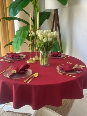 Decamor Home Pamuklu Kumaş Bordo Yuvarlak Masa Örtüsü Leke Tutmaz Su Itici Özellikli Dertsiz