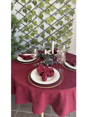 Decamor Home Kadife Dokulu Leke Tutmaz Bordo Yuvarlak Masa Örtüsü(Peçete Dahil Değil)
