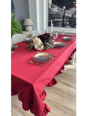 Decamor Home Pamuklu Leke Tutmaz Sıvı Geçirmez Fırfırlı Bordo Masa Örtüsü