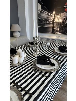 Decamor Home Leke Tutmaz Sıvı Geçirmez Siyah Beyaz Çizgili Dertsiz Masa Örtüsü (Peçetesiz)