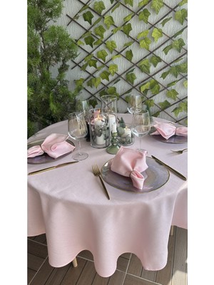 Decamor Home Keten Dokulu Simli Pembe Yuvarlak Masa Örtüsü (Peçete Dahil Değil )