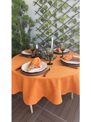 Decamor Home Kadife Dokulu Leke Tutmaz Turuncu Yuvarlak Masa Örtüsü(Peçete Dahil Değil)