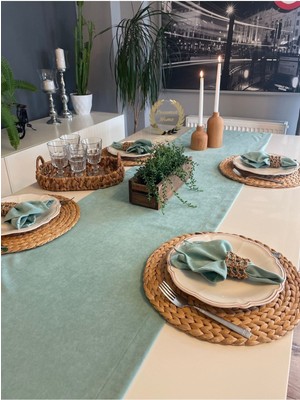 Decamor Home Kadife Dokulu Dertsiz Mint Yeşili Runner (Peçete Dahil Değil )