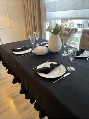 Decamor Home Kadife Dokulu Vintage Fırfırlı Siyah Dikdörtgen Dertsiz Masa Örtüsü (Peçete Dahil Değil )