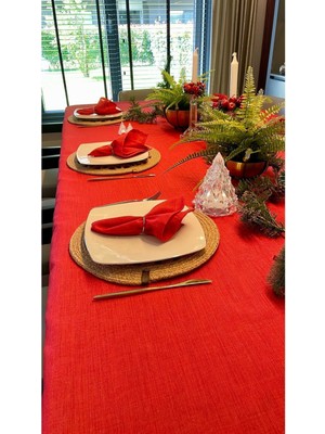 Decamor Home Keten Dokulu Simli Kırmızı Masa Örtüsü Yılbaşı Masası (Peçete Dahil Değil )