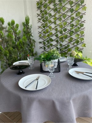 Decamor Home Keten Dokulu Antrasit Füme Yuvarlak Masa Örtüsü