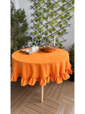 Decamor Home Kadife Dokulu Turuncu Yuvarlak Fırfırlı Vintage Masa Örtüsü Dertsiz