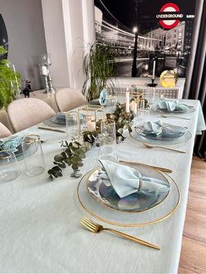 Decamor Home Keten Dokulu Simli Mint Yeşili Masa Örtüsü (Peçete Dahil Değil )