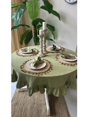 Decamor Home Kadife Dokulu Vintage Fıstık Yeşili Fırfırlı Yuvarlak Masa Örtüsü Dertsiz (Peçete Dahil Değil )