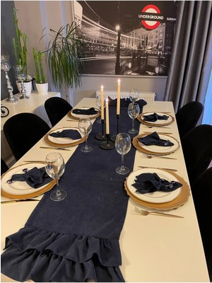 Decamor Home Kadife Dokulu Çift Kat Fırfırlı Vintage Lacivert Uzun Dekoratif Runner