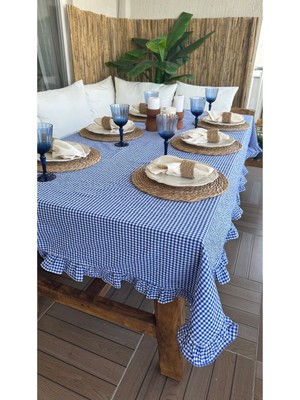 Decamor Home Thin Keten Lacivert Pötikare Fırfırlı Masa Örtüsü (Peçete Dahil Değil)