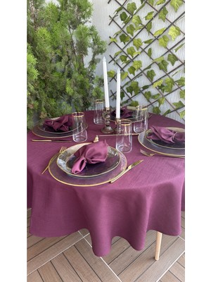 Decamor Home Keten Dokulu Mürdüm - Mor Yuvarlak Masa Örtüsü(Peçete Dahil Değil )