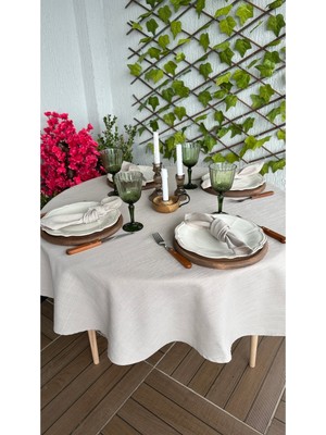 Decamor Home Keten Dokulu Bej Yuvarlak Masa Örtüsü (Peçete Dahil Değil)