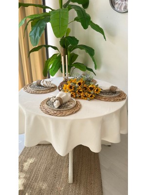 Decamor Home Keten Dokulu Ekru Yuvarlak Masa Örtüsü (Peçetesiz)