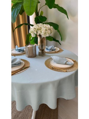Decamor Home Keten Dokulu Bulut Mavi Yuvarlak Masa Örtüsü(Peçete Dahil Değil)