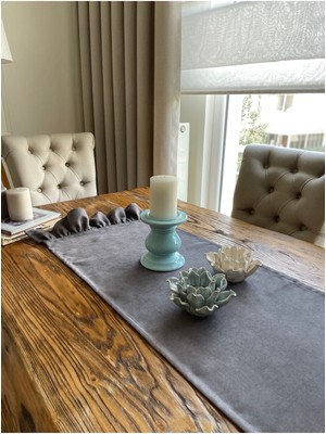 Decamor Home Kadife Dokulu Fırfırlı Uzun Dekoratif Füme Runner