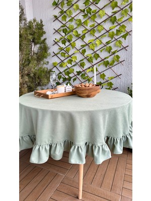 Decamor Home Kadife Dokulu Vintage Çağla Yeşili Fırfırlı Yuvarlak Masa Örtüsü Dertsiz