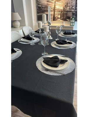 Decamor Home Keten Dokulu Simli Siyah Masa Örtüsü (Peçete Dahil Değil )