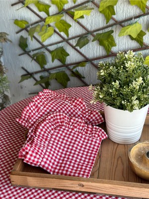 Decamor Home 6 Ad Thin Keten Kumaş Kırmızı Mini Pötikare Fırfırlı Peçete