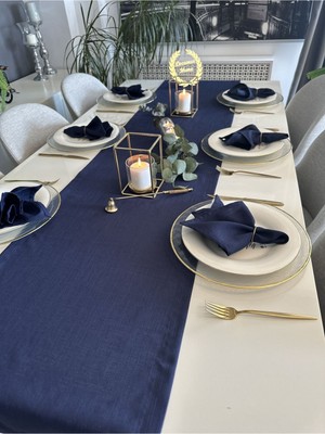Decamor Home Keten Dokulu Lacivert Runner (Peçete Dahil Değil )