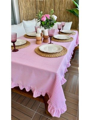 Decamor Home Keten Leke Tutmaz Pembe Pötikareli Fırfırlı Masa Örtüsü