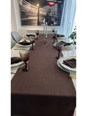 Decamor Home Keten Dokulu Kahverengi Runner (Peçete Dahil Değil)