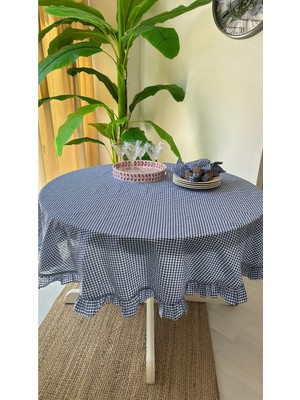 Decamor Home Thin Keten Kumaş Lacivert Mini Pötikareli Fırfırlı Yuvarlak Masa Örtüsü