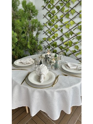 Decamor Home Keten Dokulu Gold Simli Ekru Yuvarlak Masa Örtüsü (Peçete Dahil Değil )