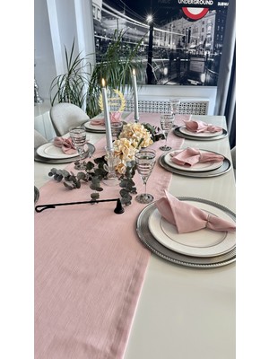 Decamor Home Keten Dokulu Pudra Pembe Runner (Peçete Dahil Değil )