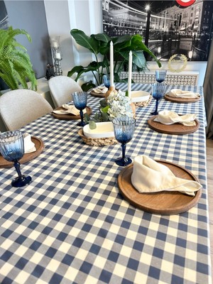 Decamor Home Kareli Mavi Beyaz Keten Dertsiz Masa Örtüsü(Peçete Dahil Değil)