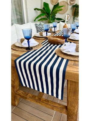 Decamor Home Marin Lacivert Çizgili Dertsiz Leke Tutmaz Sıvı Geçirmez Runner