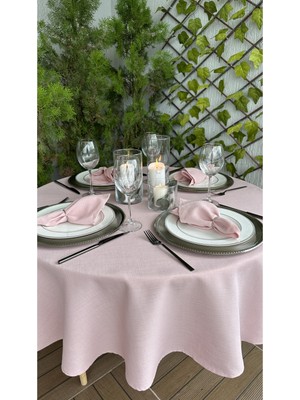 Decamor Home Keten Dokulu Pudra Pembe Yuvarlak Masa Örtüsü (Peçete Dahil Değil)