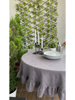 Decamor Home Kadife Dokulu Vintage Füme Gri Fırfırlı Yuvarlak Masa Örtüsü Dertsiz